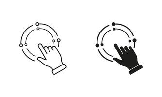 Digital Marketing Strategy Symbol. Management Concept, Pointer Click Line and Silhouette Icon Set. Manage Business, Finger Point in Circle Pictogram. Editable Stroke. Isolated Illustration vector