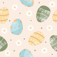 A seamless pattern featuring colourful Easter eggs and flowers. Ideal for festive textiles, wrapping paper, background design, holiday decor, floral pattern. vector
