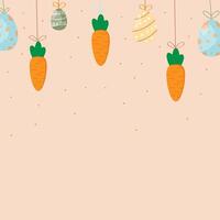 A minimalist Easter illustration featuring hanging decorative elements carrots and painted eggs on a beige background. vector