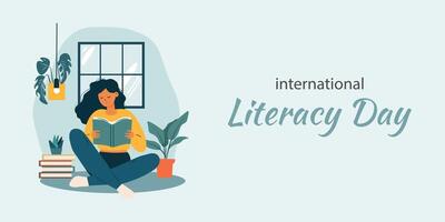 Girl Reading a Book by the Window. Blue Background. illustration of a young woman sitting on the floor by a window, reading a book. This illustration is perfect for use in educational materials. vector