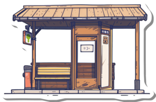 A Wooden Bus Shelter With A Bench And Sign png