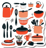 Collection of kitchen cookware and utensils in orange and black png