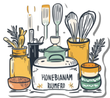 A colorful illustration of kitchen utensils and cookware png