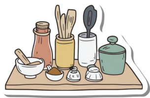 Kitchen Utensils and Spices Arranged on a Wooden Shelf png