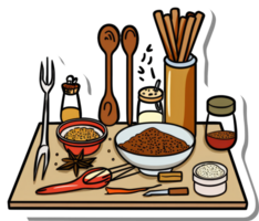 Assorted Spices and Cooking Utensils on a Board png
