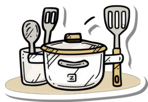 Cooking pot with spoon spatula and fork utensils png