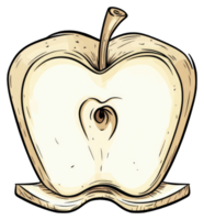 A halved apple with a visible core sits on a small wooden surface png