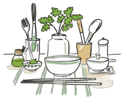 Kitchen Utensils and Ingredients Arranged on a Tabletop png
