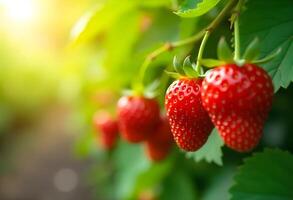 Ripe red strawberries hanging from green leafy plants, with a soft background and sunny garden photo