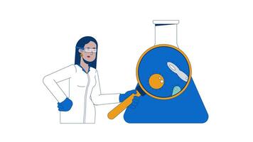 Microbiologist analyzing water sample 2D animation. Waterborne 4K motion graphic. Female scientist in lab coat inspecting microorganisms animated character cartoon flat concept, white background video