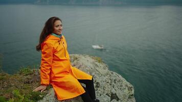 Weekend Trip In Nature, Female Tourist Enjoying Solitude In Nature, Woman Sitting At Cliff Top video