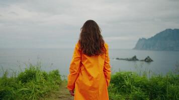 Woman Approaching To Edge Of Cliff And Admiring Endless Seascape, Back View, Slow Motion video