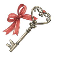 A key with a red ribbon and a heart png