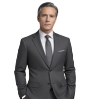 A man in a gray suit and tie png