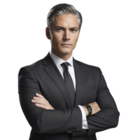A man in a suit and tie standing with his arms crossed png