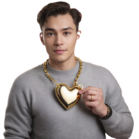 A man holding a gold heart shaped pendant png