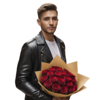 Man in leather jacket holding red roses png
