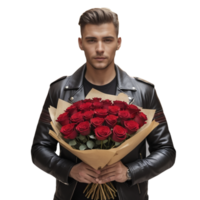 A man in leather jacket holding a bunch of red roses png