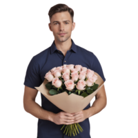 A man holding a bunch of pink roses png