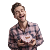 A man is laughing while holding a heart shaped box png