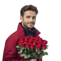 A man in a red jacket holding a bunch of red roses png