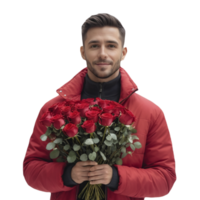 A man in a red jacket holding a bouquet of roses png