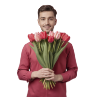 Man holding bouquet of tulips png
