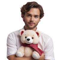 A man holding a teddy bear with a red bow png