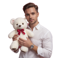 A man holding a white teddy bear with a red bow png