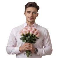A man holding a bouquet of pink roses png