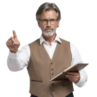 A man in glasses and a vest is holding a clipboard png