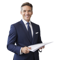 A man in a suit holding a piece of paper png