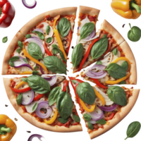 A pizza with vegetables and cheese on a black background png