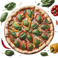 A pizza with fresh vegetables and herbs on a black background png