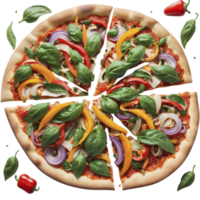 A pizza with vegetables and peppers on it png
