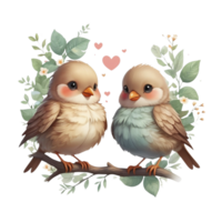 Two birds sitting on a branch with hearts png