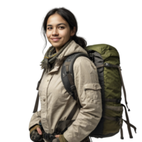 A woman with a backpack standing in front of a black background png
