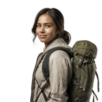 A woman with a backpack standing in front of a black background png