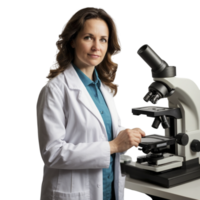 uma mulher dentro uma laboratório casaco é em pé dentro frente do uma microscópio png