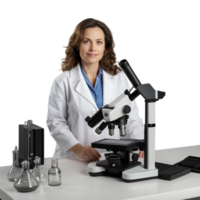 A woman in a lab coat is standing in front of a microscope png