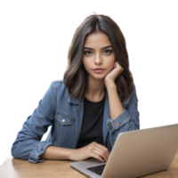 A woman sitting at a table with a laptop png