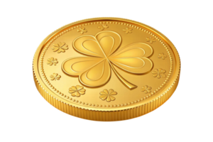 Shiny gold coin with a clover design on surface png