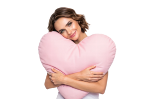 Woman hugging a large heart-shaped pillow joyfully png