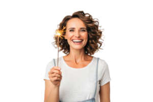 Woman celebrating joyfully with sparkler in hand png