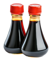 Bottles of dark sauce with red caps on display png