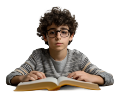 Boy reading a book with focused expression indoors png