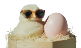 Chick with sunglasses beside a pink egg in a nest png