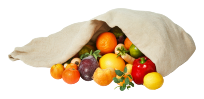 Fresh assorted fruits spilling from a sack png