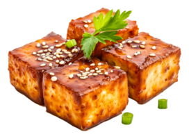 Delicious grilled tofu cubes with savory sauce png