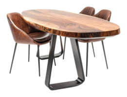 Stylish wooden table with modern chairs for dining png